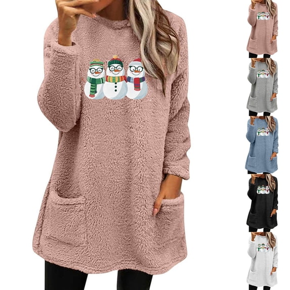 Feancey Womens Christmas Fleece Pajamas Winter Thick Warm Pullover Sweatshirts Cute Snowman Print Crewneck Tops Comfy Plush Loungewear with Pockets Black S