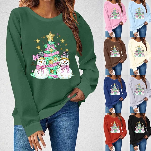 Feancey Womens Christmas Fleece Sweatshirt Cute Snowman Print Crewneck Pullover Tops Holiday Casual Long Sleeve Shirt Xmas Funny Sweatshirts Red M
