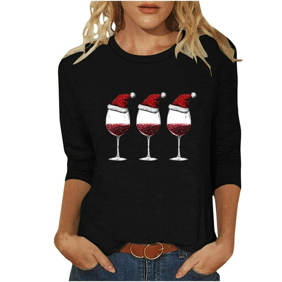 Feancey Womens Christmas Graphic T Shirts Dressy Casual 3/4 Sleeve Tunic Tops Holiday Novelty Xmas Tree Printed Blouse Loose Fit Work Shirt Black L