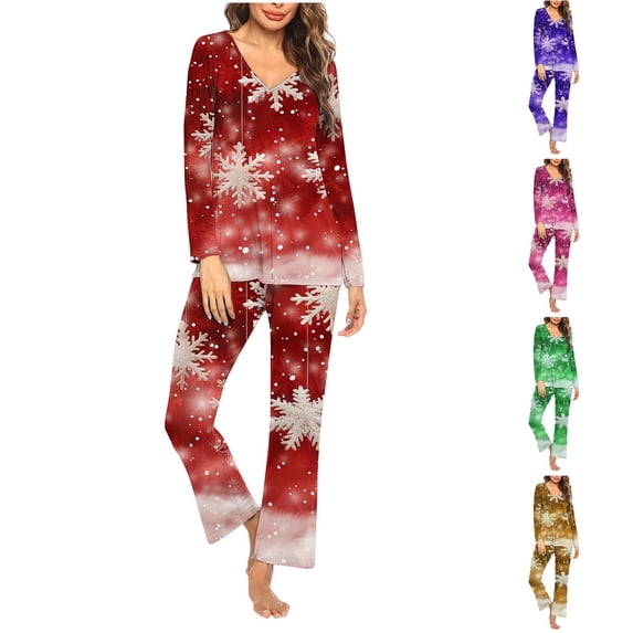 Feancey Womens Christmas Pajama Sets Long Sleeve V Neck Ruched Tops and Pants Pjs Two Piece Trendy Snowflake Print Sleepwear 2 Piece Set Red S