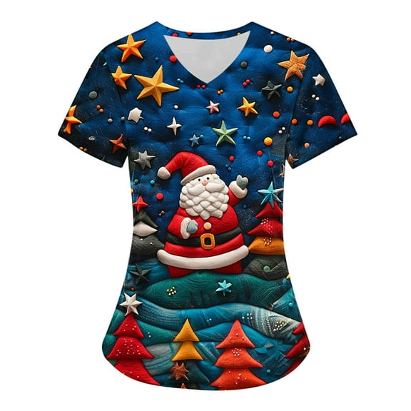 Feancey Womens Christmas Scrub Tops with Pockets Cute 3D Xmas Print Nurse Uniform Stretchy Casual Short Sleeve V Neck Tunic Blouse with Pockets Multicolor M