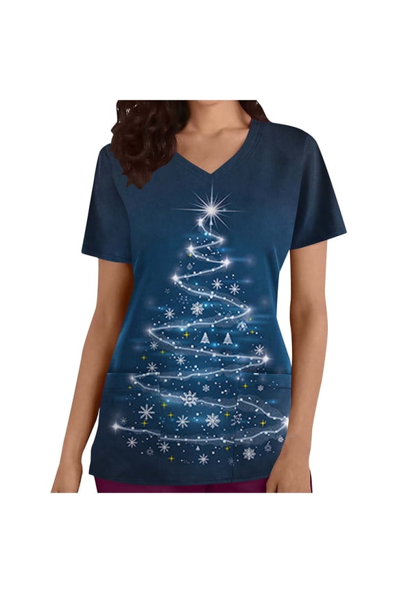 Womens Christmas Scrub Tops V-Neck Short Sleeve Working Uniform Xmas Tree Print Nurse Uniform Stretchy Holiday Tunic Blouse with Pockets Christmas on Sale Multicolor XL