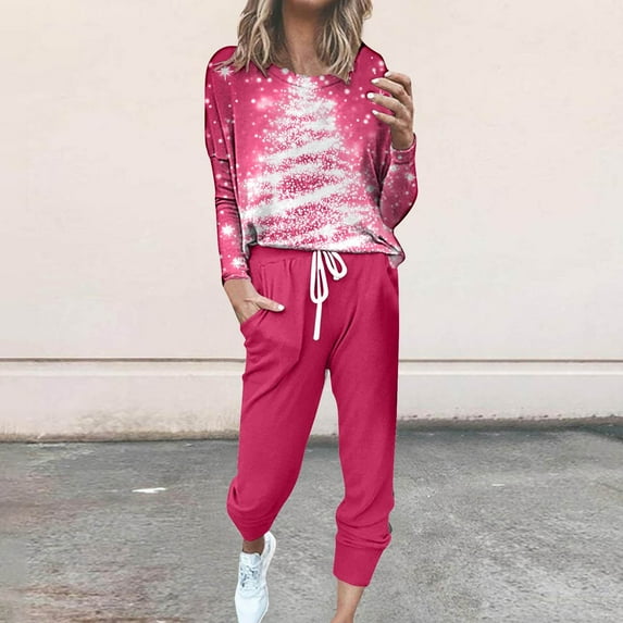 Feancey Womens Christmas Tracksuit 2 Piece Set Xmas Tree Print Lounge Jogger Sets Casual Long Sleeve Round Neck Tops with Drawstring Pants Travel OutfitsHot Pink XXL