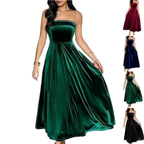 Feancey Womens Cocktail Maxi Dresses Strapless Velvet Evening Gowns Off The Shoulder High Waist A-Line Dress Flowy Wedding Guest Party Dresses Blue S