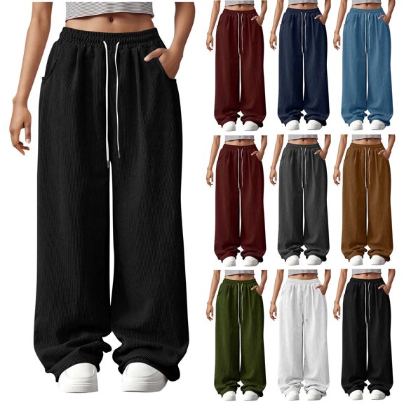 Feancey Womens Corduroy Baggy Pants Drawstring High Waisted Wide Leg Pants Vintage Solid Color Loose Fit Sweatpants Open Bottom Casual Athletic Trousers with Pockets Army Green L