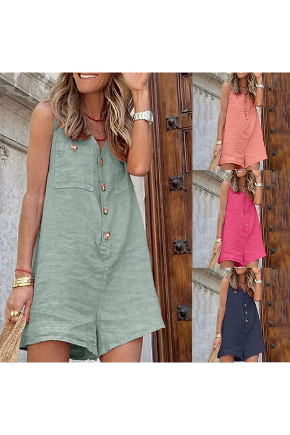 Womens Cotton Linen Jumpsuit Button up V Neck Sleeveless Shorts Overalls Dressy Casual Business Rompers with Pockets 2025 Fashion Gift Ideas Hot Pink S