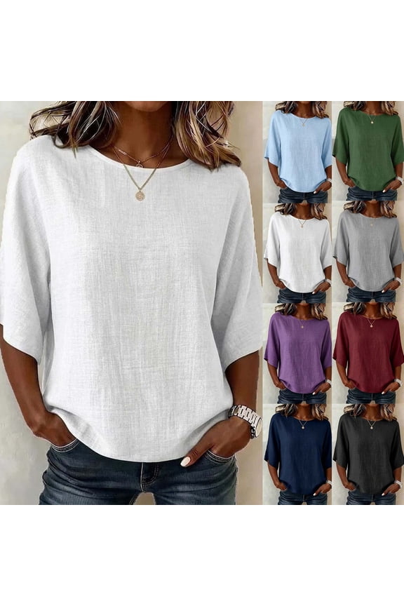 Womens Cotton Linen Summer Tops Elbow Length Sleeve Casual T Shirts Solid Color Loose Peasant Blouse for Boho Beach Vacation Army Green L