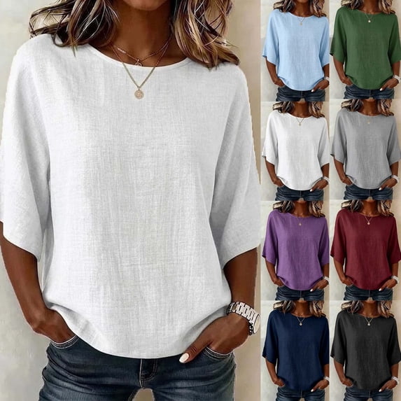 Feancey Womens Cotton Linen Summer Tops Elbow Length Sleeve Casual T Shirts Solid Color Breathable Peasant Blouse for Boho Beach Vacation Light Blue L
