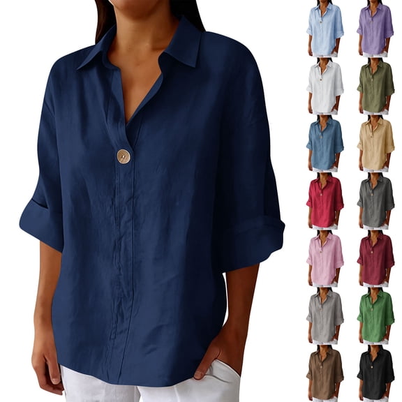 Feancey Womens Cotton Linen Tops Summer Roll Up 3/4 Sleeve V Neck Blouse Lapel Collar Casual Button Beach Shirt Solid Color Vacation Tshirts Gray S