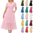 thumbnail image 1 of Feancey Womens Cotton Maxi Dresses Summer Short Sleeve V Neck Beach Dress Dressy Trendy Hollow Out Eyelet Dresses High Waist Swing Dress with Pockets Green XL, 1 of 6