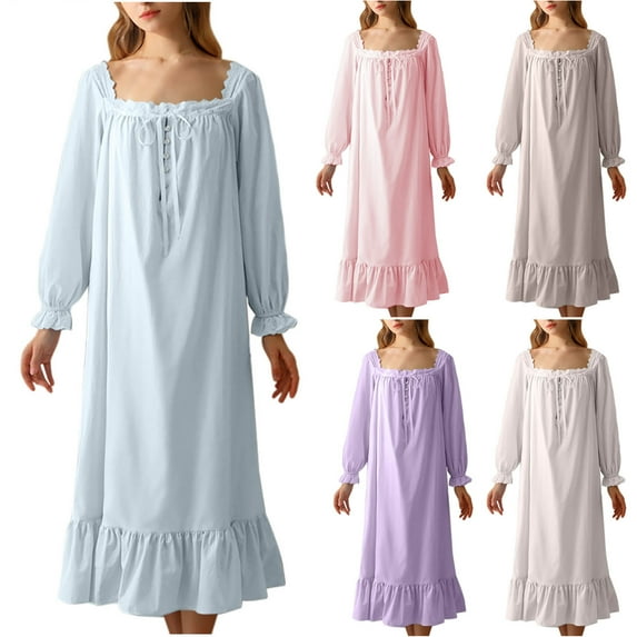 Feancey Womens Cotton Nightgowns Loose Fit Casual Ruffle Nightshirt Lace-up Square Neck Sleep Dress Solid Color Long Sleeve Night Dresses Spring Clearance Purple M