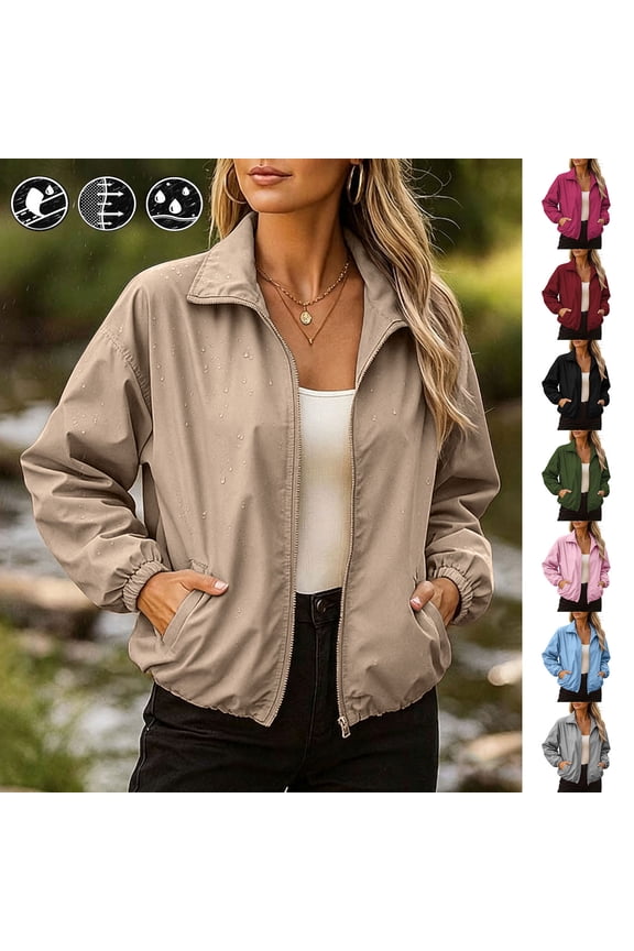 Womens Cropped Bomber Jackets 2026 Fashion Stand Collar Waterproof Jacket Full Zip Elastic Hem Lightweight Windbreaker with Pockets Pink S