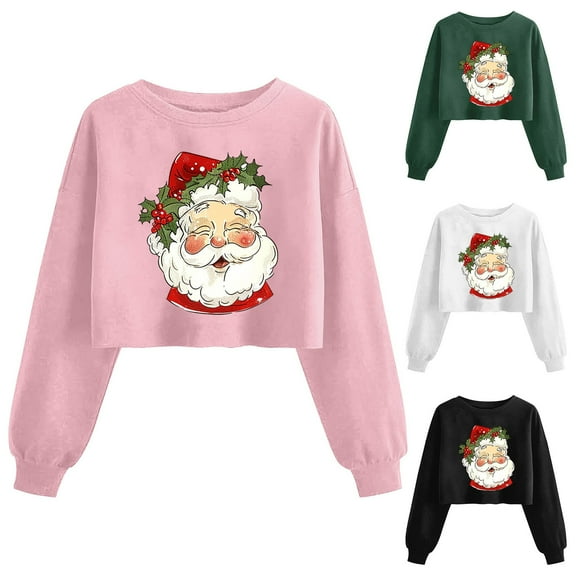 Feancey Womens Cropped Christmas Sweatshirt Funny Santa Claus Print Crewneck Pullover Fleece Lined Long Sleeve Tops Winter Trendy Sweatshirts Pink XXL