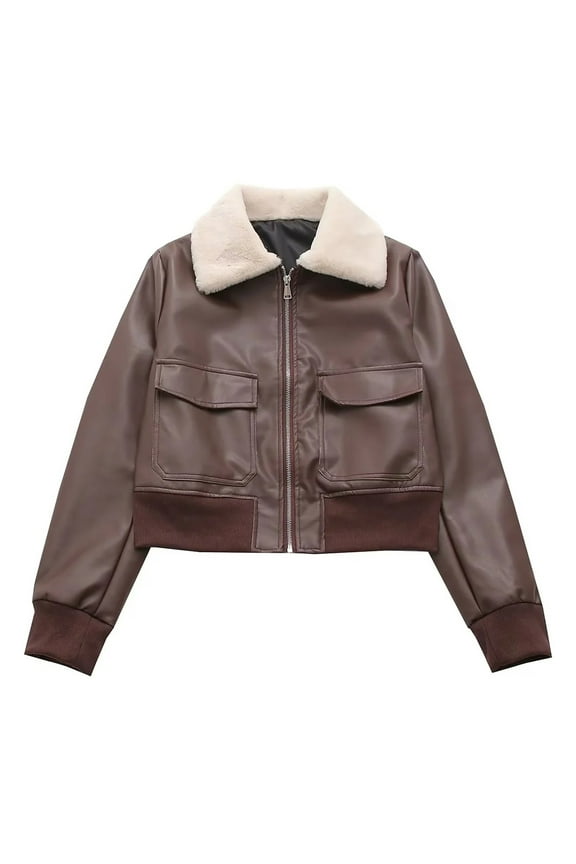 Womens Cropped Faux Leather Jackets Casual Zipper Fuzzy Shearling Fleece Coats Warm Thick Bomber Jacket Outerwear Coffee M
