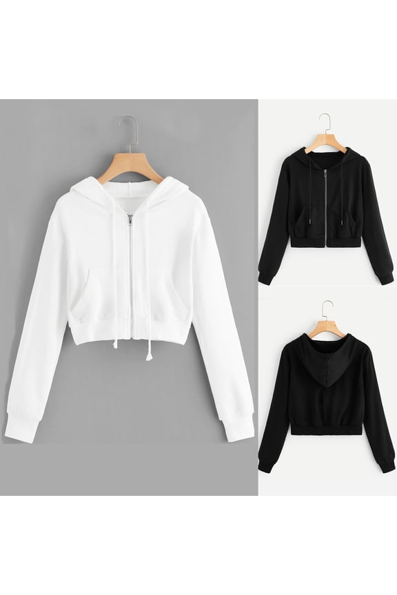 Womens Cropped Zip up Jacket Lightweight Long Sleeve Hooded Jackets Teen Girl Casual Loose Sweatshirt Hoodies with Pockets Black S