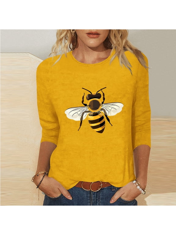 Womens Cute Bee Graphic Tee Shirts 3/4 Length Sleeve Plus Size Tops Breathable Casual Crew Neck Summer T-Shirts for Celebration Yellow 4XL