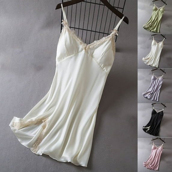 Feancey Womens Cute Nightgowns Lace V Neck Spaghetti Strap Cami Sleep Dress Ice Silk Soft Lingerie Nightshirt Side Slit Fashion Pajamas with Built in Bra Purple XL