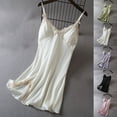 thumbnail image 1 of Feancey Womens Cute Nightgowns Lace V Neck Spaghetti Strap Cami Sleep Dress Ice Silk Soft Lingerie Nightshirt Side Slit Fashion Pajamas with Built in Bra White L, 1 of 4