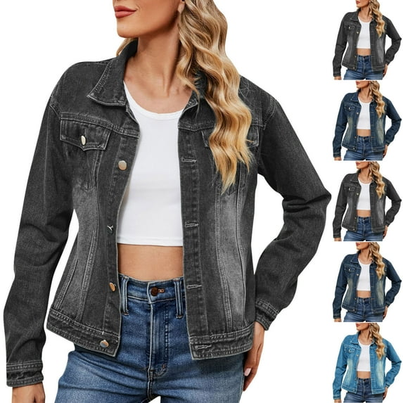 Feancey Womens Denim Jackets Dressy Casual Button Down Cropped Jacket Long Sleeve Lightweight Fashion Jackets Moto Outerwear with Pockets Black M