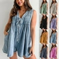 thumbnail image 1 of Feancey Womens Denim Romper Shorts Baggy Casual Sleeveless Tie Front Overalls Summer V Neck Jean Jumpsuits with Pockets Summer Sale Army Green S, 1 of 7