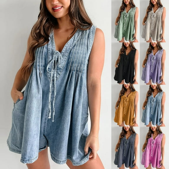 Feancey Womens Denim Romper Shorts Baggy Casual Sleeveless Tie Front Overalls Summer V Neck Jean Jumpsuits with Pockets Summer Sale Army Green S