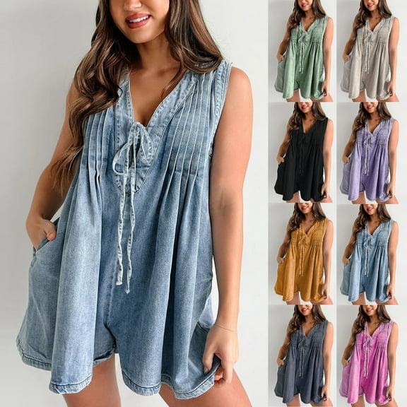 Feancey Womens Denim Romper Shorts Baggy Casual Sleeveless Tie Front Overalls Summer V Neck Jean Jumpsuits with Pockets Light Blue S
