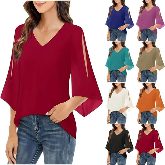 Feancey Womens Dressy Casual Chiffon Blouses 3/4 Sleeve V Neck Tops Ladies Business Work Shirts 2025 Trendy Summer Fall Clothes Purple S