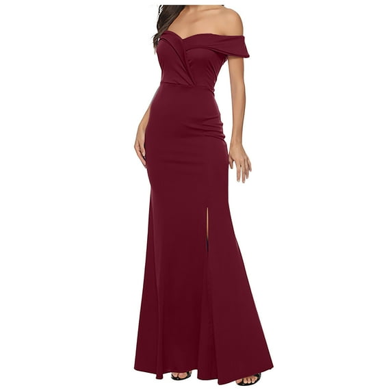 Feancey Womens Elegant Wedding Dress Off Shoulder High Split Prom Formal Maxi Dress Front Twist Knot Long Cocktail Evening Gown,Wine,L
