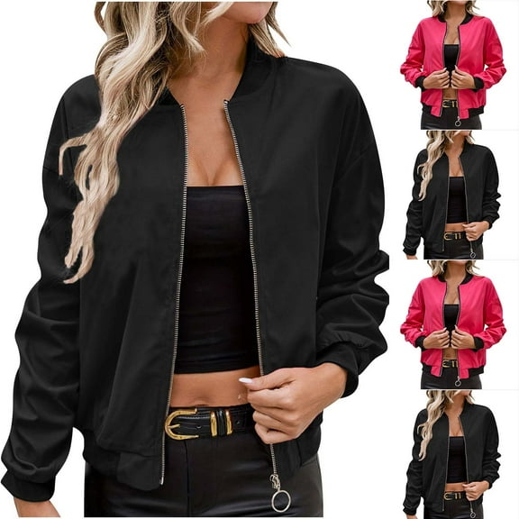 Feancey Womens Fall Bomber Jackets Full Zip Casual Ribbed Collar Lightweight Jacket Solid Color Loose Windbreaker Outerwear with Pockets Black M