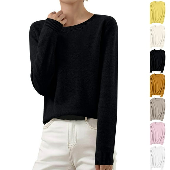 Feancey Womens Fall Fashion Sweaters Soft Long Sleeve Knitted Pullover Solid Casual Crewneck Sweater Tops Black M