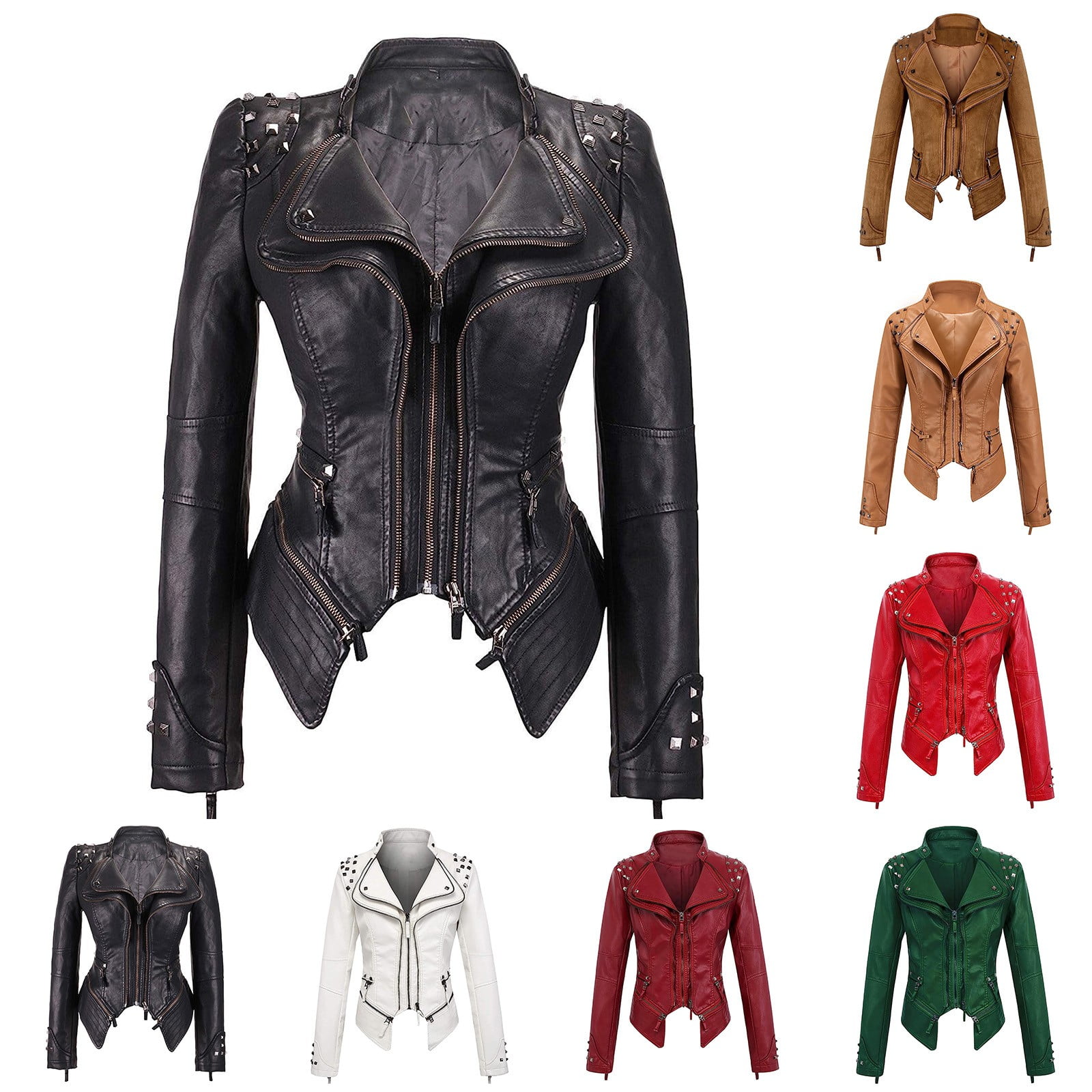 Feancey Womens Faux Leather Biker Jacket Slim Fit Fashion Studded Moto Coats Full Zip Lightweight Windbreaker Outerwear with Pockets Coffee S