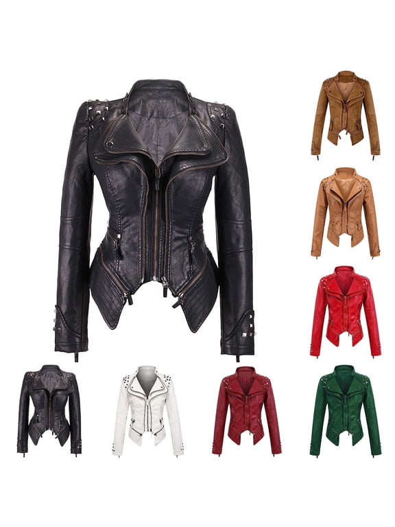 Womens Faux Leather Biker Jacket Slim Fit Fashion Studded Moto Coats Full Zip Lightweight Windbreaker Outerwear with Pockets Khaki XS