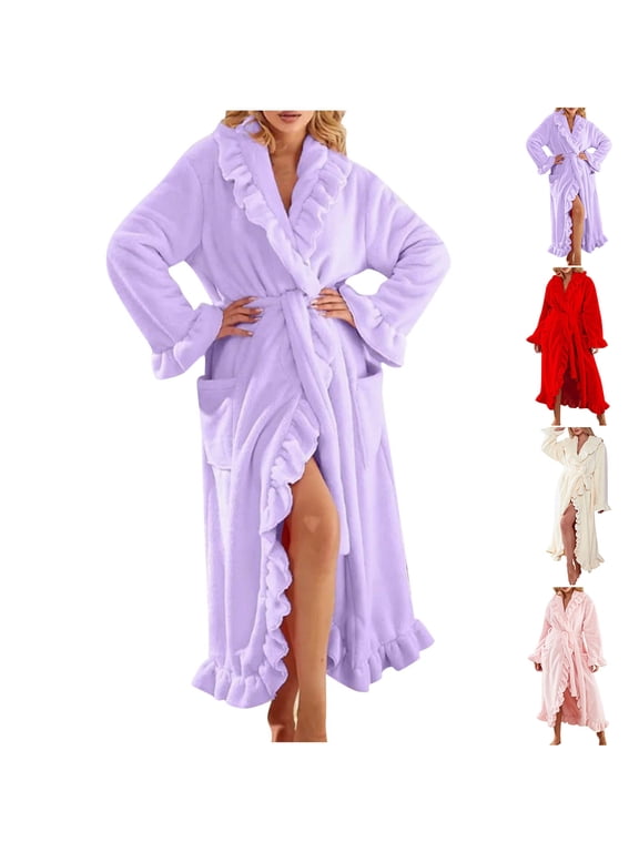 Womens Flannel Bathrobes Plush Warm Long Nightgowns Winter Sherpa Fleece Shower Robes Ruffled Casual Fuzzy Spa Robe with Belt Red M