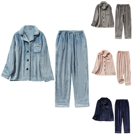 Feancey Womens Flannel Pajama Sets Winter Fleece Warm Sleepwear Two Piece Casual Lapel Button Down Shirt and Long Pants Pjs Set with Chest Pockets Navy L