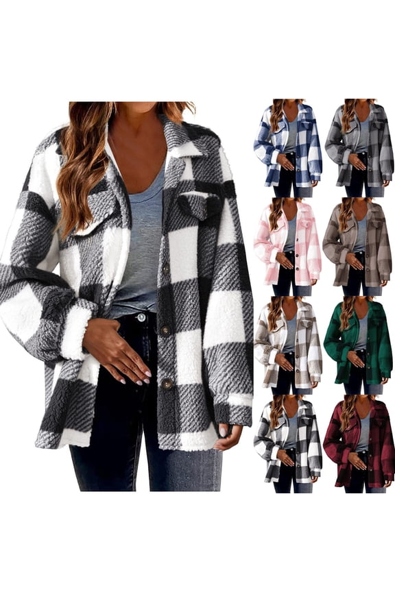 Womens Flannel Shirt Jackets Fleece Warm Plus Size Shacket Jacket Plaid Casual Button Down Coats Winter Trendy Clothes Coffee S