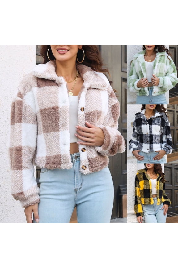 Womens Fleece Cropped Jackets Plaid Casual Button Down Warm Coats Long Sleeve Lapel Collar Shacket Jacket Winter Overcoat Yellow M