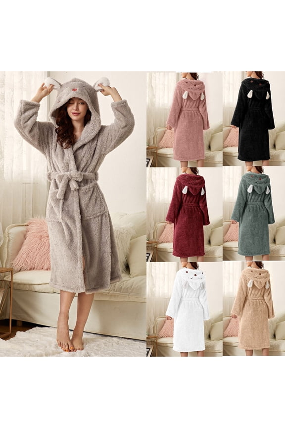 Womens Fleece Hooded Robe Cute Winter Plush Nightgowns Open Front Comfy Fuzzy Bathrobes Soft Long Sleepwear Thermal Loungewear with Pockets Pink XL