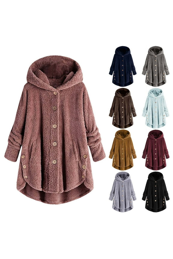 Womens Fleece Jacket Furry Hooded Jackets Fall Winter Warm Coats Casual Sherpa Hoodies Button Down Cardigan Fuzzy Loungewear Black XL