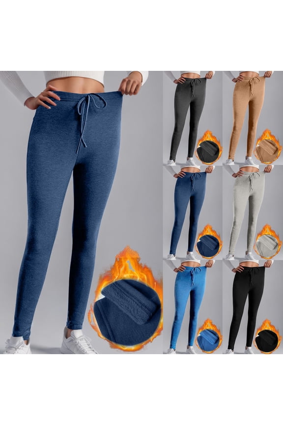 Womens Fleece Lined Leggings Drawstring Elastic Waist Yoga Tights Cozy Soft Workout Leggings Solid Color Skinny Pants Black S