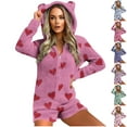 thumbnail image 1 of Feancey Womens Fleece Onesies Pajamas Cute Heart Print Short Romper Fuzzy Warm One Piece Jumpsuits Winter Plush Sleepwear with Pockets Blue L, 1 of 6