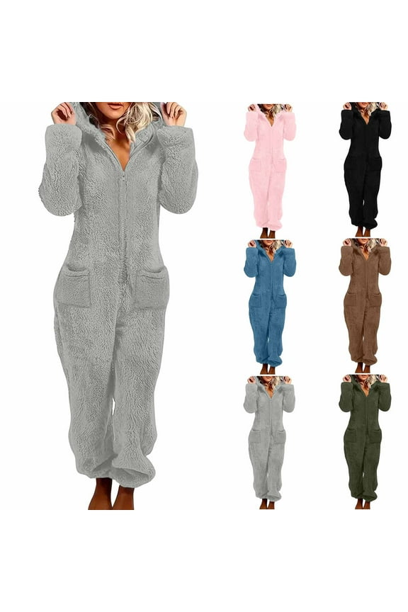 Womens Fleece Onesies Pajamas Warm Fuzzy Romper Sleepwear One Piece Zipper Hooded Playsuit Loungewear with Pockets Pink XL