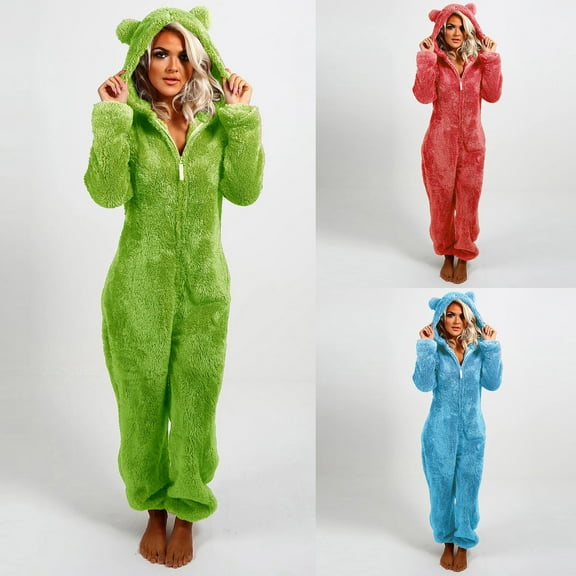 Feancey Womens Fleece Overalls Winter,Cute Onesie for Women Thicken Warm One Piece Pajamas Winter Fleece Fuzzy Romper Sleepwear Comfy Plush Pjs Homewear Green S