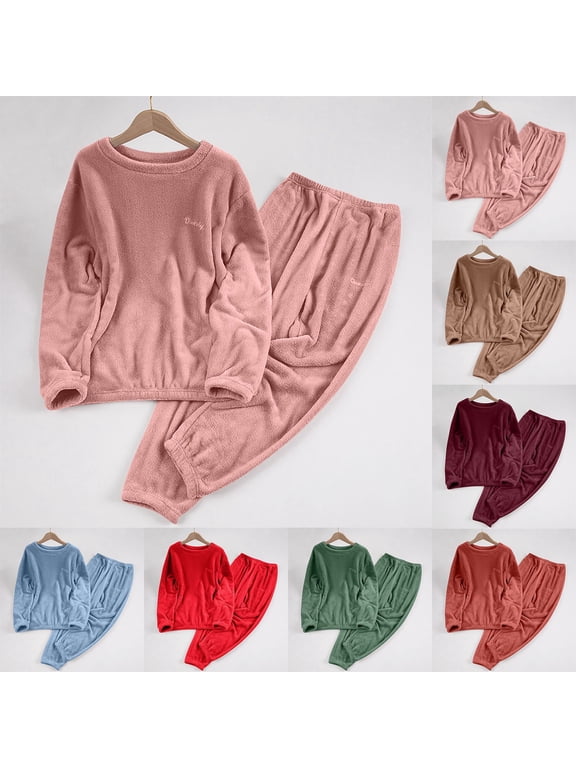Womens Fleece Pajama Sets Comfy Plush Warm Sleepwear Long Sleeve Pjs and Lounge Pants 2 Piece Set Winter Thick Thermal Underwear Sets Red M