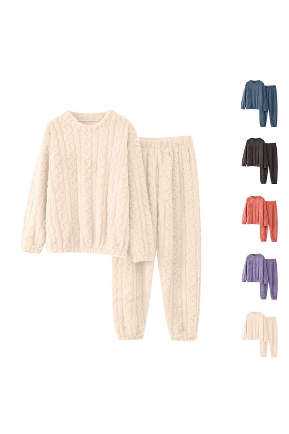 Womens Fleece Pajama Sets Petite,Women's Fall Winter Warm Thick Long Sleeved Pants 2 Piece Outfit Plush Solid Color Lapel Lounge Pjs Sets