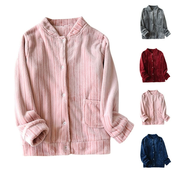 Feancey Womens Fleece Pajama Tops Winter Warm Flannel Shirt Jackets Long Sleeve Button Down Sleepwear Solid Color Loungewear Sleepshirts with Pocket Gray L