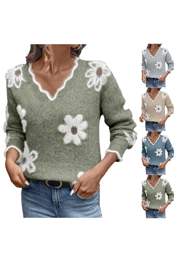 Womens Floral V Neck Sweaters Lightweight Long Sleeve Pullover Tops Fall Trendy Flower Knitted Sweater Soft Cozy Knit Jumper Khaki L
