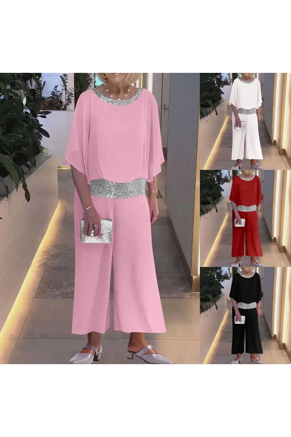 Womens Formal Sets 2 Piece Dressy Outfits for Mother of The Bride Batwing Sleeve Sequin Chiffon Pantsuit Loose Elegant Party Outfit SetBlack 3XL