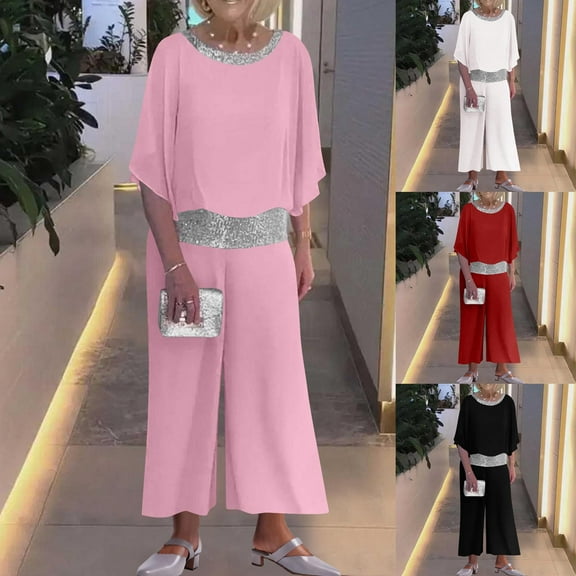 Feancey Womens Formal Sets 2 Piece Dressy Outfits for Mother of The Bride Batwing Sleeve Sequin Chiffon Pantsuit Loose Elegant Party Outfit SetPink L