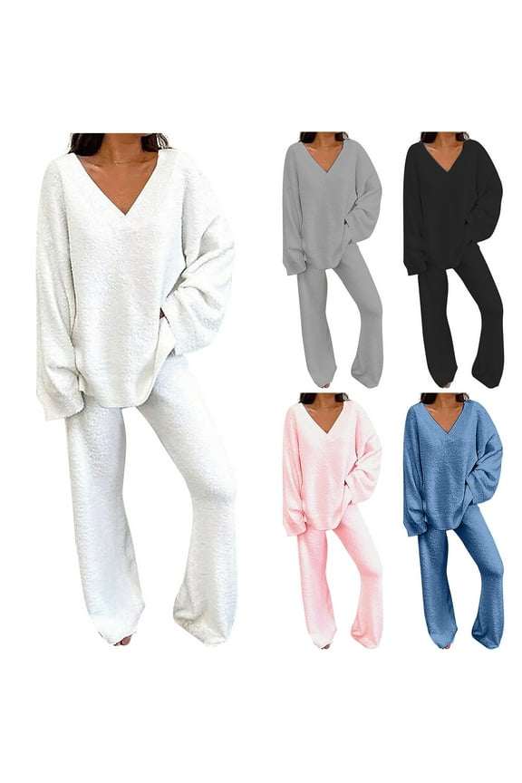 Womens Fuzzy Fleece Pajama Sets Oversized V Neck Tops Wide Leg Pant Sleepwear Two Piece Lounge Set Fall Outfits Gray XL