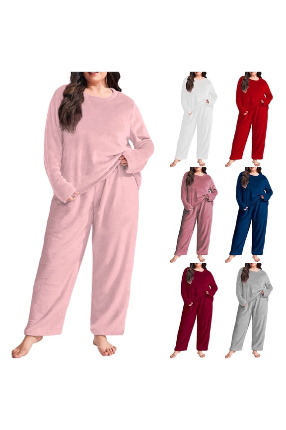 Womens Fuzzy Fleece Pajama Sets Winter Casual Solid Color Pjs Two Piece Comfy Long Sleeve Round Neck Sleepwear and Drawstring Pants Fuzzy Loungewear Set Today's On Sale Navy 5XL